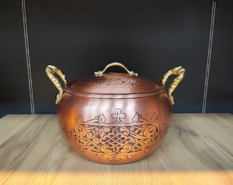 Handmade copper pot,carved engraved copper cooking pot, cooking utensil, pure copper pan with brass handles, solid copper pot, new home gift