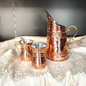 Solid copper pitcher and mug set,hand hammered copper jug,copper mug,handmade copper drinkware, kitchen decor, christmas gift, new home gift