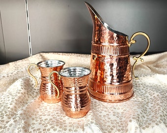 Solid copper pitcher and mug set,hand hammered copper jug,copper mug,handmade copper drinkware, kitchen decor, christmas gift, new home gift