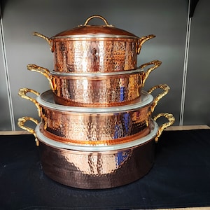 Copper cooking pot,hand hammered copper casserole pot with lid,copper dinner pan,modern copper cookware,copper pot with brass handles