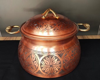 Copper cooking pot,handmade carved engraved copper pot,double handled serving pan with lid,copper kitchenware,wedding gift, anniversary gift