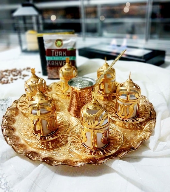 Traditionelles türkisches Kaffee-Set für 6, Kaffee-Servier-Set, kupferfarbenes Kaffee-Set, stilvolle Wohnkultur