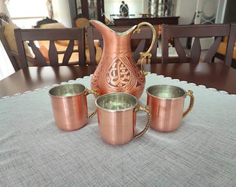 Copper mug,handmade copper pitcher,solid copper cup set,traditional copper jug,kitchen decor,with brass handle,new home gift,hammered copper