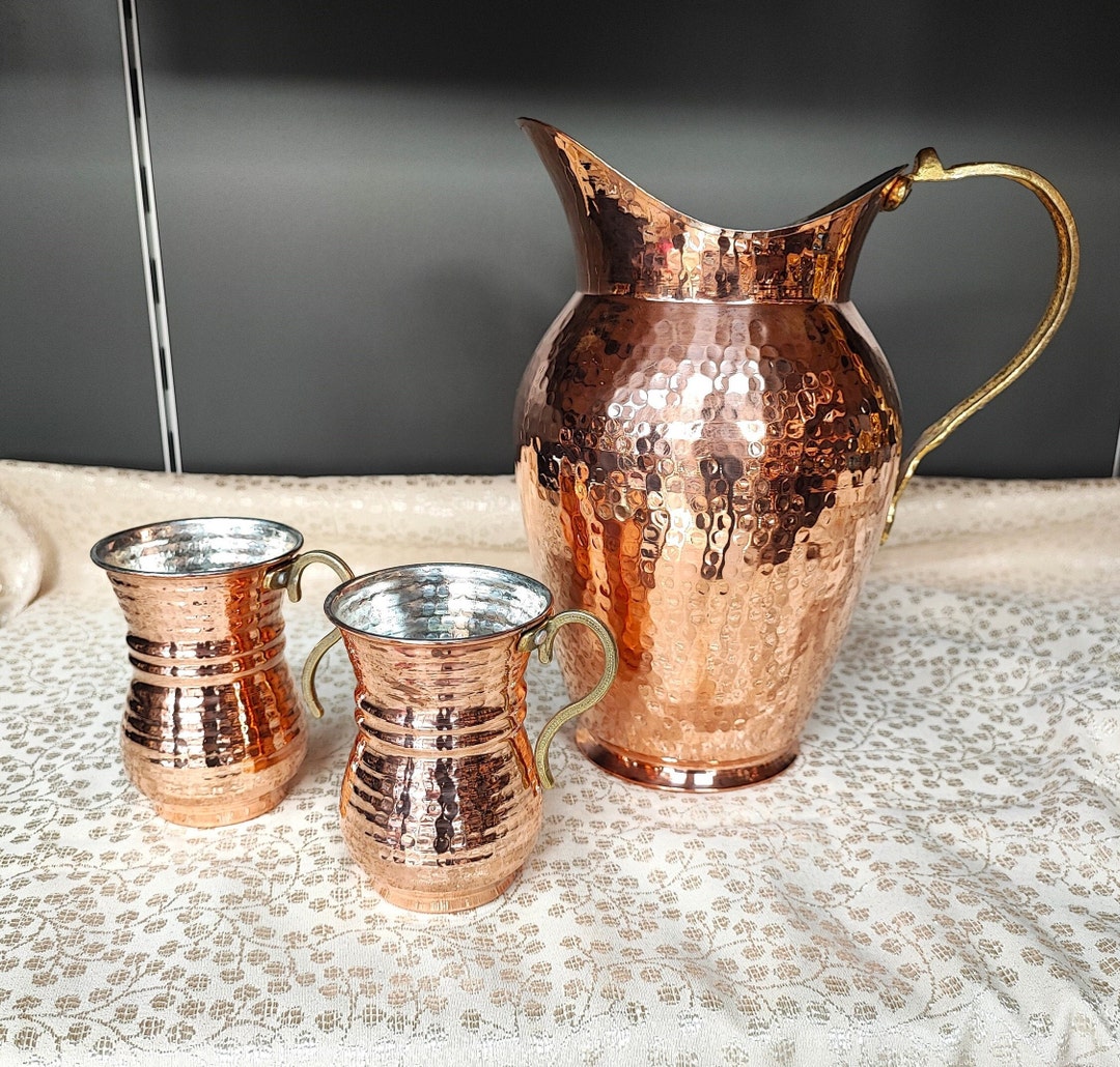 Handmade 100 Copper Pitcher,copper Jug Set With Mugs,hand Hammered Jug,home and Kitchen Decor