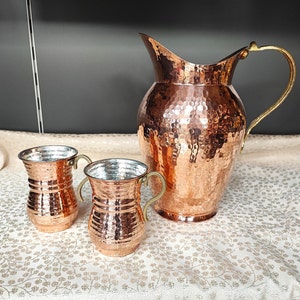 Handmade %100 copper pitcher,copper jug set with mugs,hand hammered jug,home and kitchen decor, copper water pitcher, decanter, drinking set