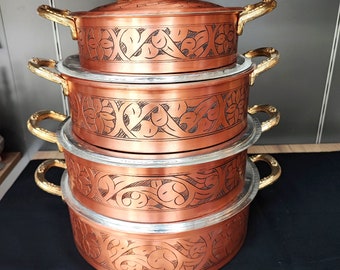 Copper pot,handmade copper cooking pot,cooking utensils,pure copper pot with brass handles,housewarming gift, kitchen decor, carved engraved