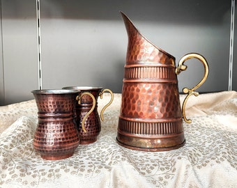 100 % copper pitcher set,handmade copper mugs,engraved copper jug,unique home and kitchen decor, water tumbler,copper cups, anniversary gift