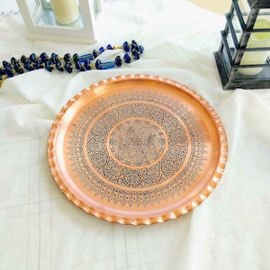 15 inches copper tray,hand hammered copper serving tray,handmade decorated copper tray,decorative coffee table tray, round serving tray,gift
