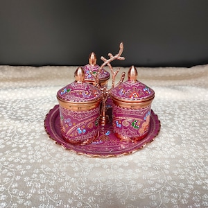 Copper sugar bowl set with tray,engraved copper spice jar set,unique home and kitchen decor,new home gift,anniversary gift,copper gift ideas