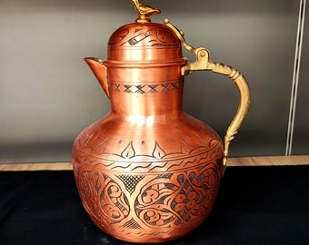 Jarra de cobre hecha a mano, jarra de cobre grabada, decoración de cocina de cobre, jarra de cobre puro, decoración del hogar oriental, jarra para agua potable, regalos de boda