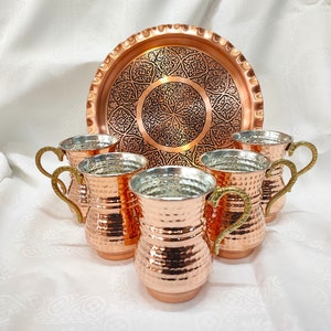 Conjunto de caneca de cobre feito à mão, bandeja de cobre, canecas de cobre, copos de cobre, decoração exclusiva para casa, conjunto de cobre martelado à mão, decoração de cozinha, presente de aniversário, cobre