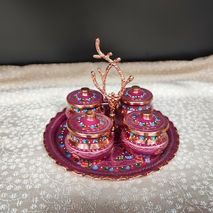 Copper sugar bowl set with tray,engraved copper spice jar set,unique home and kitchen decor,new home gift,anniversary gift,copper gift ideas