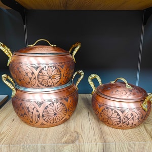 Handmade carved engraved copper pot,copper cooking pot,cooking utensils,pure copper pot with brass handles, housewarming gift, kitchen decor