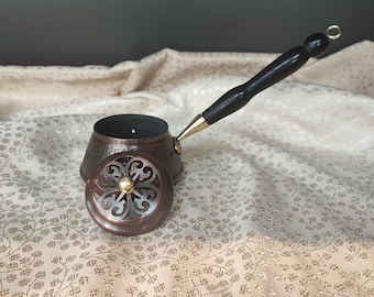 Copper incense burner,incense holder with wooden handle,handmade copper incense pot,unique home decor,table enterpiece,resin burner, for her