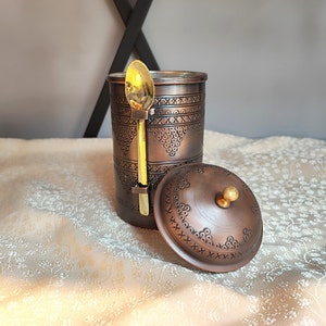 Oxidized copper spice bowl with spoon,handmade spice container,sugar bowl,hand hammered copper canister,copper gift idea, kitchen decoration