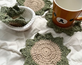 Crochet Succulent Coasters Set: 100% Cotton Yarn, with Pot