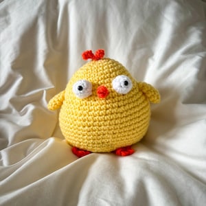 May include: A yellow crocheted chick toy with red and white accents. The chick has large white eyes and a red beak.