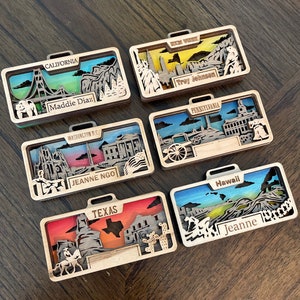 Personalized Luggage Tags, wood Engraved Travel Gift Bag tag, 3D Hawaii California Washington DC Texas Pennsylvania, Handmade wood bag tag
