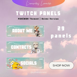 Puede incluir: Un conjunto de tres paneles de Twitch con personajes de Pokémon. Los paneles son azules y verdes con texto blanco. El texto en los paneles dice "Acerca de mí", "Contactos" y "Redes sociales". Los paneles son parte de un conjunto de 29 paneles.