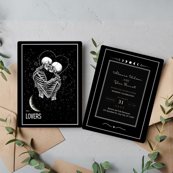 Tarot Card Wedding Invitation Template, Printable Gothic Halloween Wedding Invite, Editable Skeleton The Lovers Invite - LUNILUNE