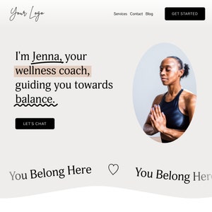 May include: A woman with dark hair and a black tank top is meditating with her hands in a prayer position. The background is a light beige color with the text "I'm Jenna, your wellness coach, guiding you towards balance." and a button that says "Let's Chat".