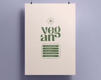 Retro Vegan Poster, Digitaldruck, druckbare Wandkunst, Kunstdekor, Veganismus, Tiere große herunterladbare Drucke