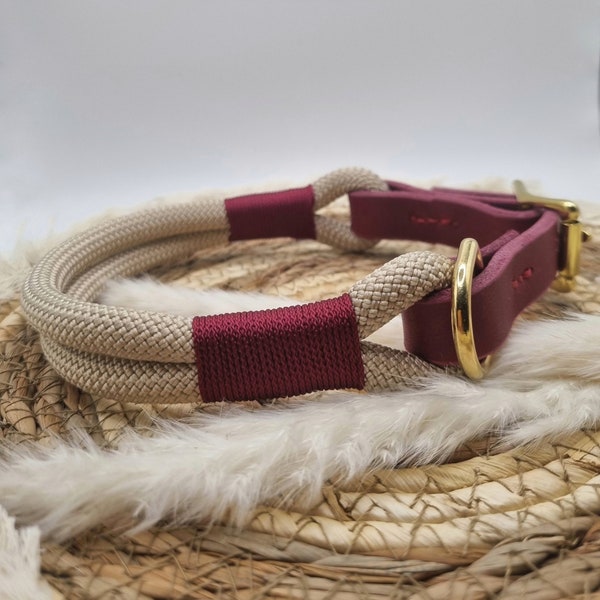 Collar for dogs made of rope, with oiled leather adapter, colors freely selectable