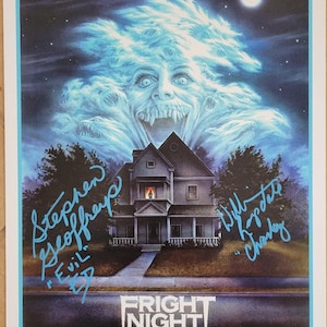 May include: A vintage movie poster for "Fright Night" featuring a spooky house, a monstrous face in the sky, and the film's title. The poster includes signatures and the tagline "If you love being scared, it'll be the night of your life."