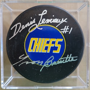 Yvon Barrette Denis Lemieux signed Charlestown Chiefs hockey puck Slap Shot