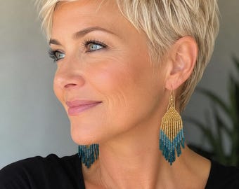 Czech Glass Seed Bead Tassel Earrings, Gold Turquoise Fringe Dangle Jewelry