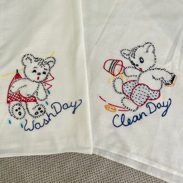 Vintage Tea Towels / Dish Towels Hand Embroidered with Wash Day & Clean Day Teddy Bears