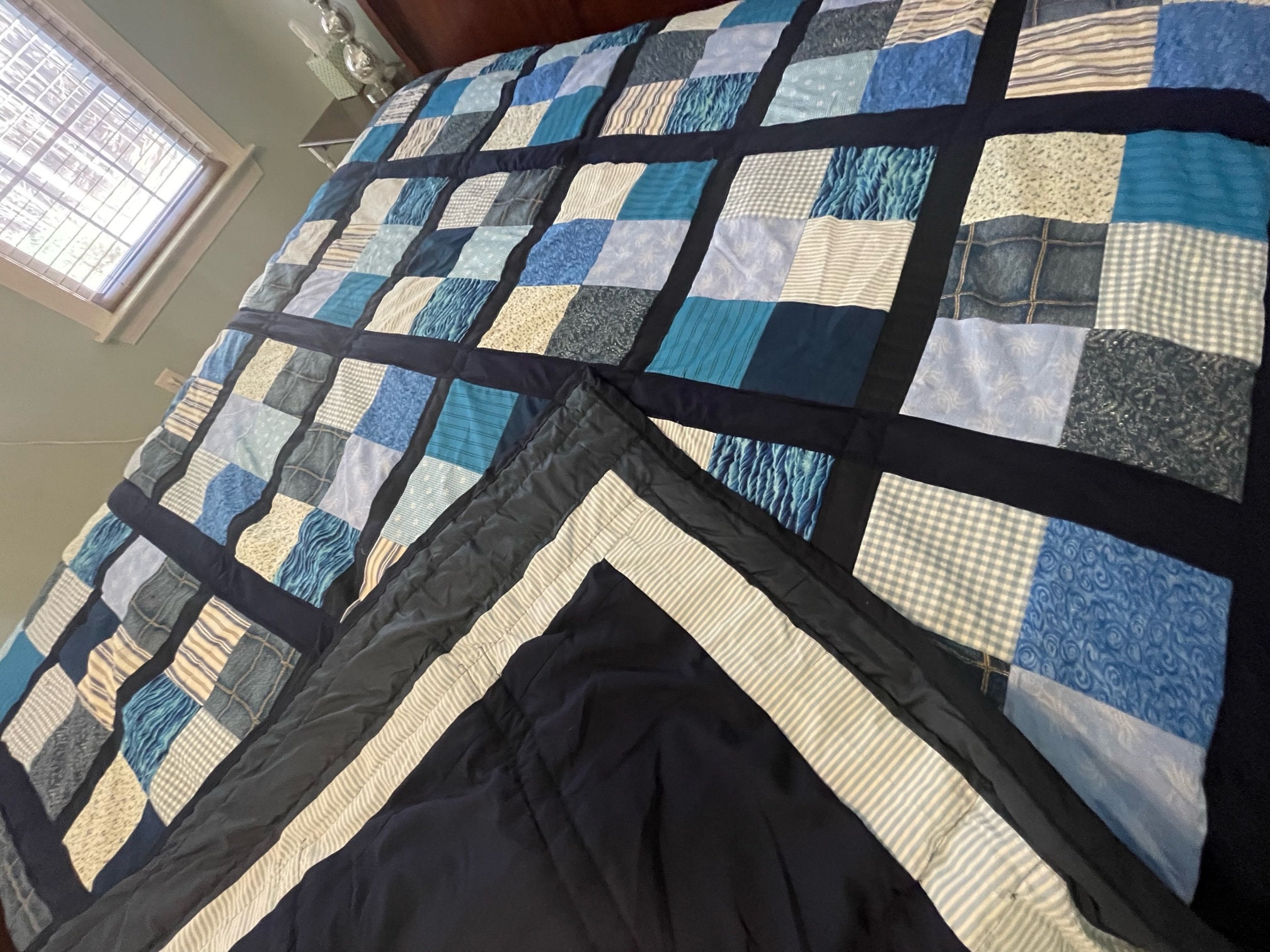 Blue Patchwork Quilt Handmade Twin/full Size Etsy