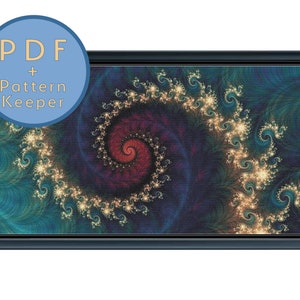Peacock Fractal Hurricane Full Coverage Cross Stitch Pattern PDF Max Color Geometric Colorful Bright Gold Large Pattern Keeper Saga