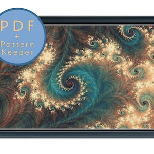 Puede incluir: Impresión digital de arte abstracto con patrones en espiral en tonos de turquesa, marrón y dorado. La obra de arte tiene un diseño fractal con detalles intrincados.