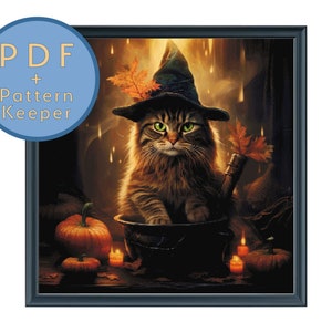 Tabby Cat Pumpkin Witch  Full Coverage Cross Stitch Pattern PDF Magic Fall Books Large Pattern Keeper Saga
