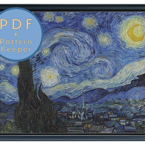 Vincent Van Gogh Starry Night Cross Stitch Pattern PDF Full Coverage Max Color Fine Art Classic Large Detailed Pattern Keeper PK Saga