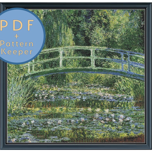 Claude Monet Water Lilies and Japanese Bridge Cross Stitch Pattern PDF Full Coverage Max Color Fine Art Impressionism Pattern Keeper Saga