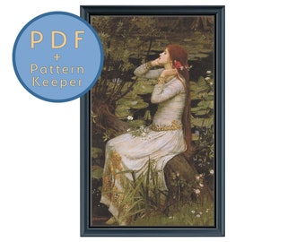 Ophelia Cross Stitch Pattern PDF John William Waterhouse Full Coverage Max Color Shakespeare Woman Pond Fine Art Pattern Keeper Saga