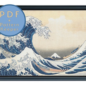 The Great Wave Off Kanagawa Cross Stitch Pattern PDF Full Coverage Max Color Hokusai Japanese Edo Fuji Large Detailed Pattern Keeper Saga