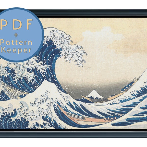 The Great Wave Off Kanagawa Cross Stitch Pattern PDF Full Coverage Max Color Hokusai Japanese Edo Fuji Large Detailed Pattern Keeper Saga