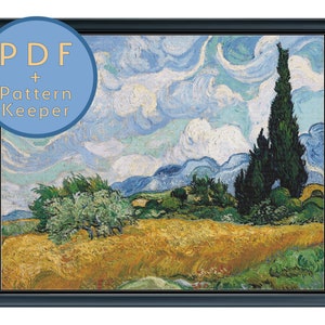 Vincent Van Gogh Wheat Fields With Cypresses Cross Stitch Pattern PDF Full Coverage Max Color Fine Art Large Landscape Pattern Keeper Saga