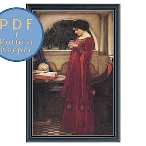 The Crystal Ball Cross Stitch Pattern PDF John William Waterhouse Full Coverage Max Color Magic Skull Witch Fine Art Pattern Keeper Saga