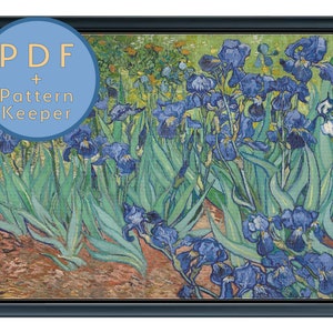 May include: A painting of a field of blue irises with green leaves. The flowers are in various stages of bloom, with some fully open and others still in bud. The background is a soft green, and the painting is framed in a black frame.