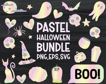 Pastel Halloween clipart Rosa Halloween clip art fofo holo ilustrações de halloween iridescente arco-íris pastel abóbora fantasmas bruxa chapéu lua