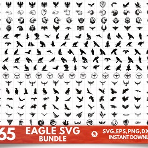 Puede incluir: Una colección de 265 diseños de águilas SVG en blanco y negro. Los diseños incluyen varias poses y estilos de águilas, incluyendo volando, posadas y de perfil. El texto "265 EAGLE SVG BUNDLE" está en la parte inferior de la imagen. El texto "SVG, EPS, PNG, DXF, PDF INSTANT DOWNLOAD" está en la parte inferior derecha de la imagen.