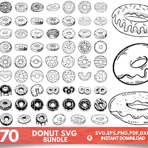 May include: A collection of over 70 donut illustrations in a black and white line art style. The donuts vary in design, including those with frosting, sprinkles, and bite marks. Text at the bottom reads "+70 DONUT SVG BUNDLE" with file type information.