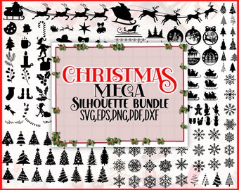 May include: A black and white digital download of Christmas silhouette graphics. The graphics include a variety of Christmas themes, such as trees, snowflakes, reindeer, Santa Claus, and ornaments. The text "CHRISTMAS MEGA SILHOUETTE BUNDLE SVG,EPS,PNG,PDF,DXF" is displayed in the center of the image.