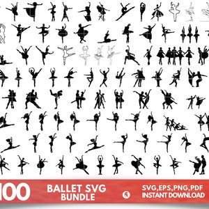 Peut inclure: Un ensemble de plus de 100 fichiers de découpe SVG en silhouette noire et blanche représentant des ballerines dans différentes poses. Les fichiers sont parfaits pour l'artisanat, le scrapbooking et autres projets créatifs.