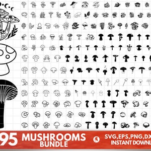 Peut inclure: Un ensemble de 195 illustrations de champignons en noir et blanc. Les champignons sont de formes et de tailles variées. Le texte +195 MUSHROOMS BUNDLE est en bas de l'image. Le texte SVG, EPS, PNG, DXF, PDF TÉLÉCHARGEMENT INSTANTANÉ est en bas à droite de l'image.