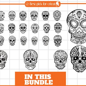 May include: A set of 20 black and white sugar skull designs. The skulls are decorated with intricate patterns and details.  The designs are perfect for crafting projects, such as t-shirts, mugs, and home decor.